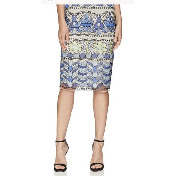 Beige ECI All Over Embroidery Midi Length Skirt 8 Teal Green Floral Lace Lined - Picture 12 of 14